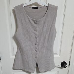 Zara Light Taupe Ribbed Button-Front Tank